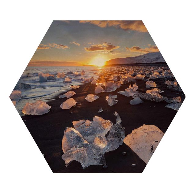 Obraz heksagonalny z drewna - Lodowe kawałki na plaży Islandia