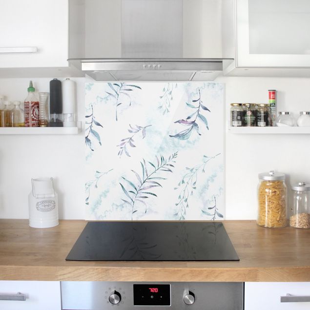 Panel szklany do kuchni Akwarela Gałązki w kolorze miętowego błękitu