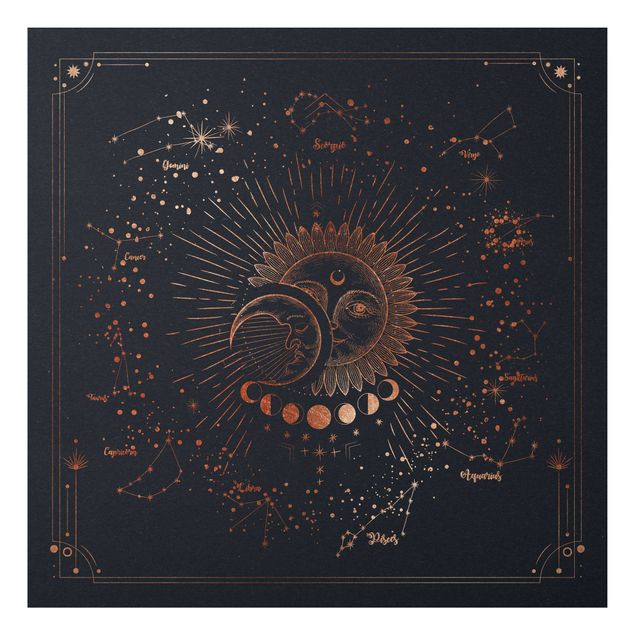 Nowoczesne obrazy do salonu Astrologia Słońce Księżyc i Gwiazdy Niebieskie złoto