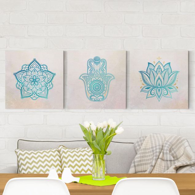 Dekoracja do kuchni Mandala Hamsa Hand Lotus Set złoty niebieski