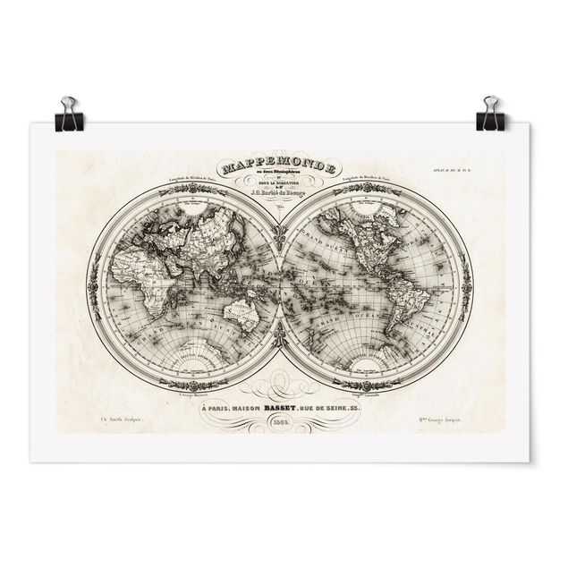 Retro obrazy Mapa świata - francuska mapa półkul z 1848 r.