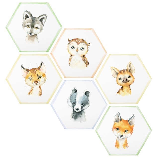 Obraz heksagonalny z Forex 6-częściowy - Akwarela Zwierzęta leśne Zestaw V