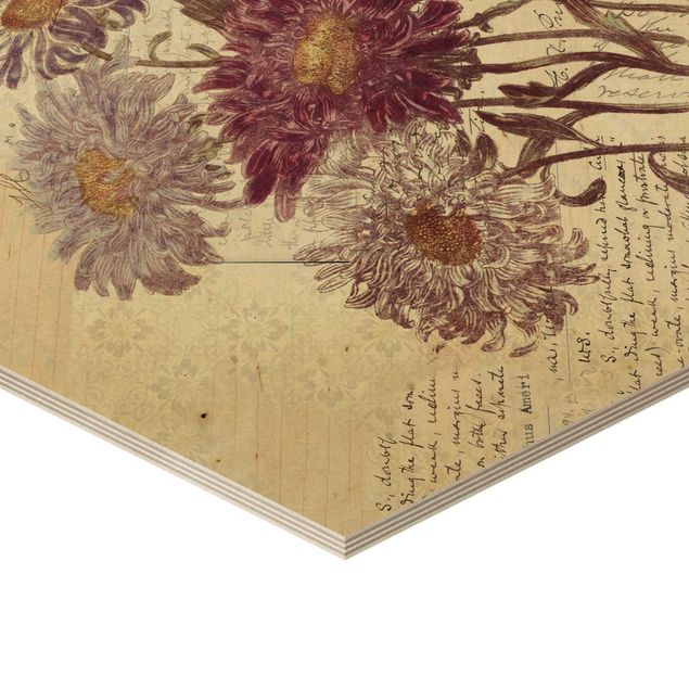 Obraz heksagonalny z drewna - Kwiaty w stylu vintage z pismem odręcznym