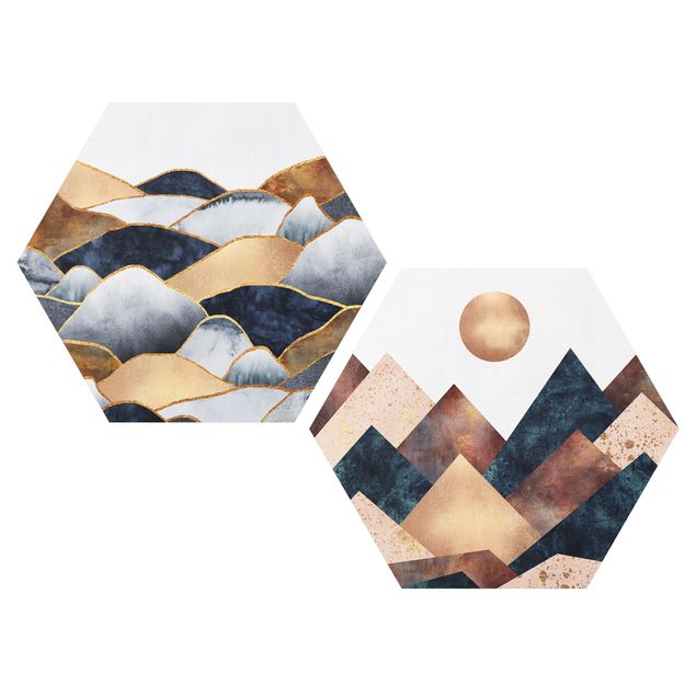 Obraz heksagonalny z Alu-Dibond 2-częściowy - Geometry i Góry Złote Akwarela