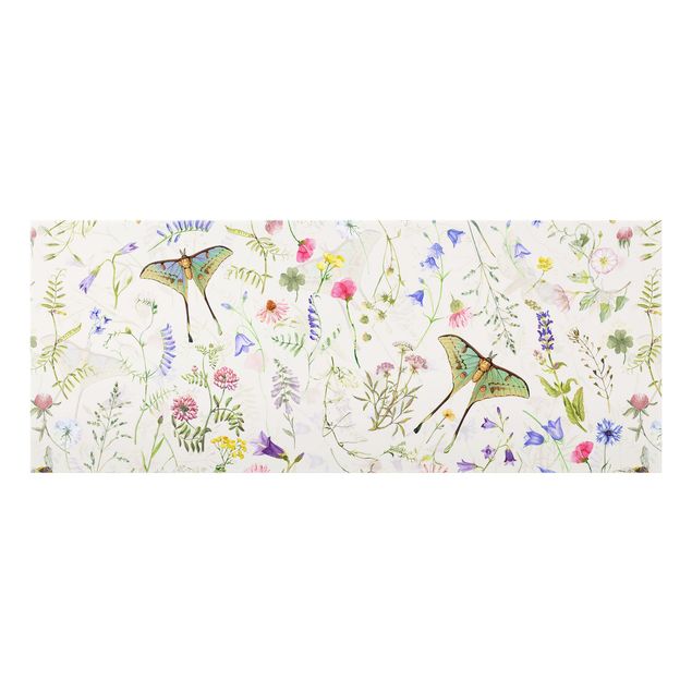 Panel kuchenny - Butterflies With Flowers On Cream Colour - Panorama 1:1