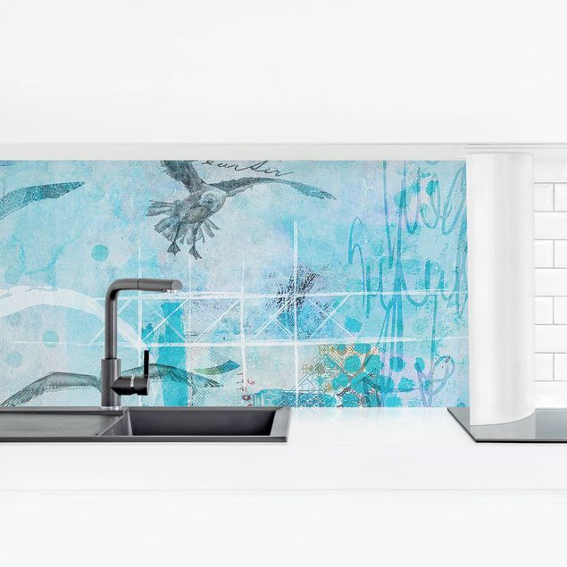 Panel szklany do kuchni Kolorowy kolaż - Niebieskie rybki