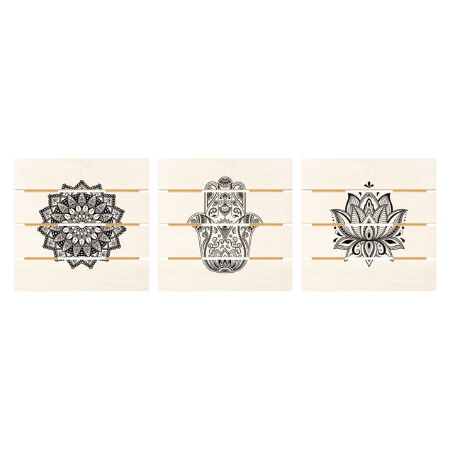 Obraz z drewna 3-częściowy - Mandala Hamsa Zestaw Lotos Ręczny na Białym