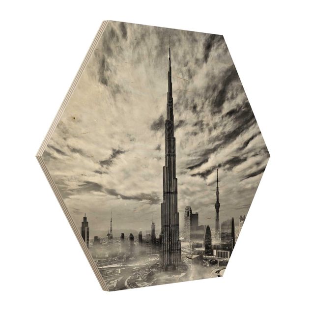 Obraz heksagonalny z drewna - Dubaj Super Skyline