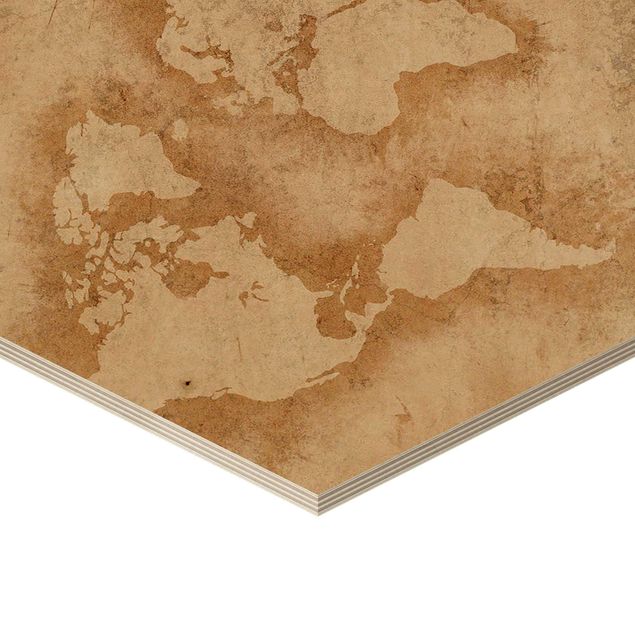 Obraz heksagonalny z drewna - Starożytna mapa świata