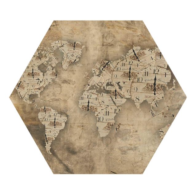 Obraz heksagonalny z drewna - Zegary shabby Mapa świata