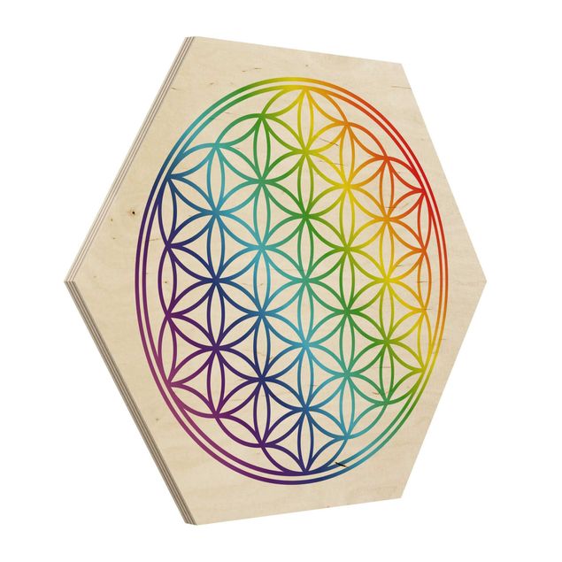 Obraz heksagonalny z drewna - Kwiat życia w kolorze tęczy
