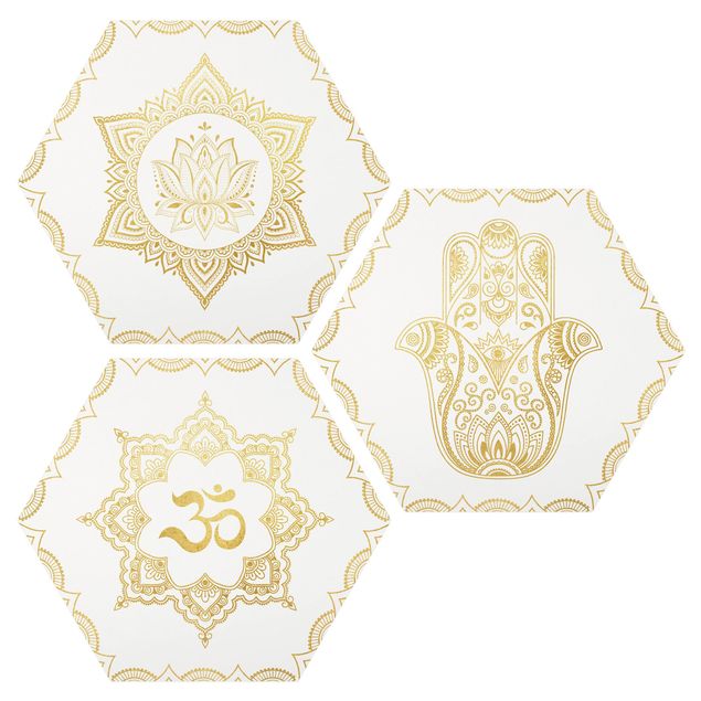 Obrazy nowoczesne Hamsa Hand Lotus OM Zestaw ilustracji złoty