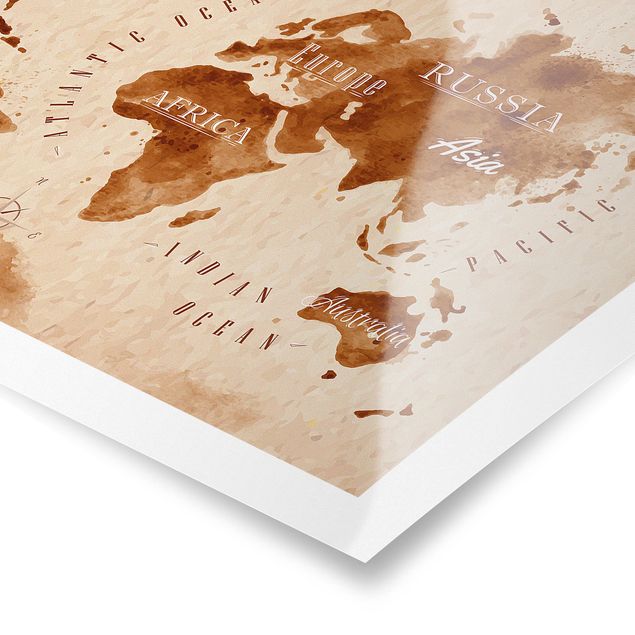 Plakaty Mapa świata akwarela beżowo-brązowa