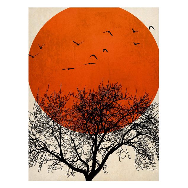Nowoczesne obrazy do salonu Stado ptaków na tle czerwonego słońca II
