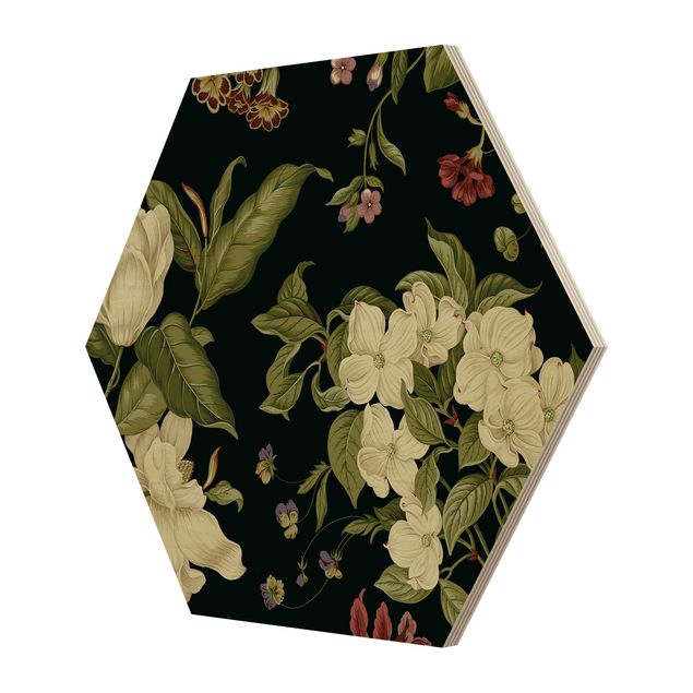 Obraz heksagonalny z drewna - Kwiaty ogrodowe na czarnym tle I