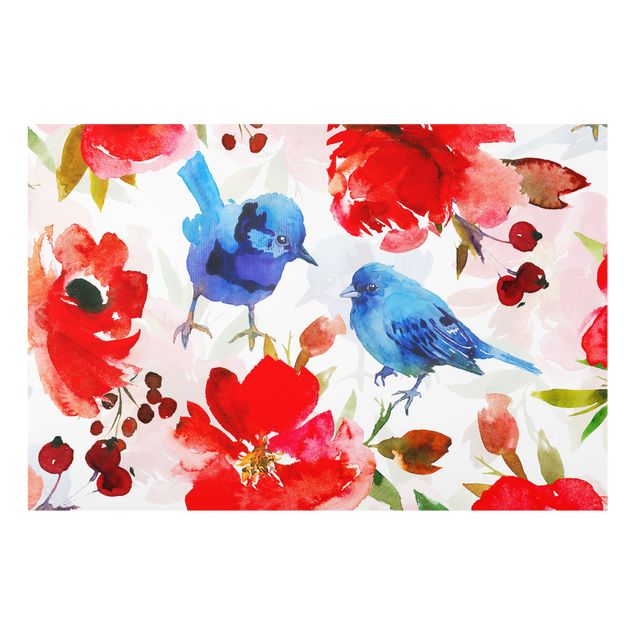 Panel kuchenny - Watercolour Birds In Blue And Pink - Format poziomy 1:1