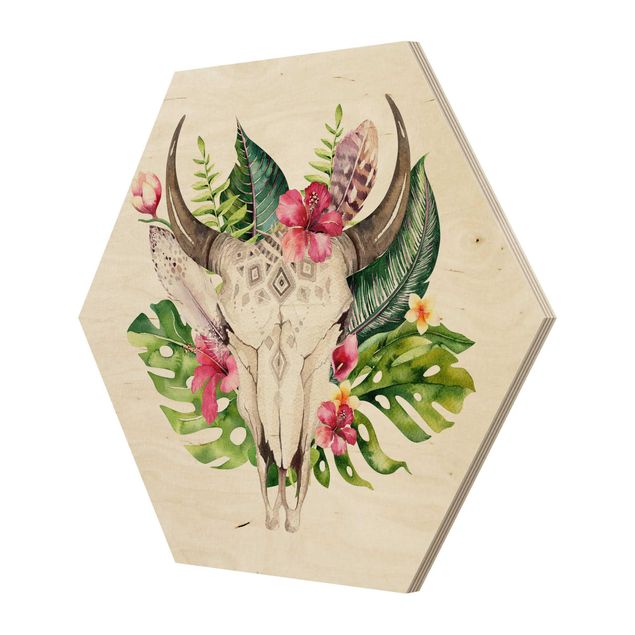 Obraz heksagonalny z drewna - Czaszka z kwiatem tropikalnym
