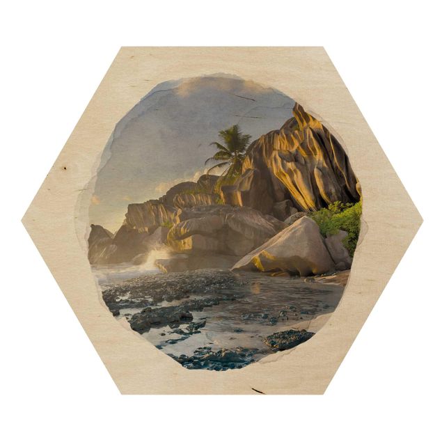 Obraz heksagonalny z drewna - Akwarele - zachód słońca na rajskiej wyspie