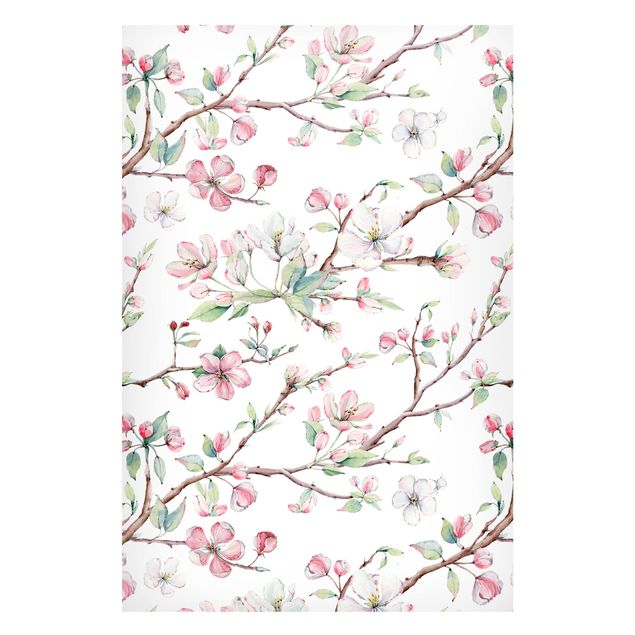 Obrazy do salonu Akwarela Gałęzie z kwiatami jabłoni w kolorze różowym i białym