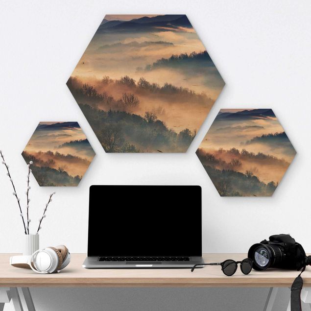 Obraz heksagonalny z drewna - Mgła o zachodzie słońca