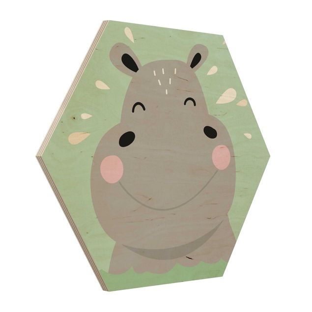 Obraz heksagonalny z drewna - Szczęśliwy hipopotam