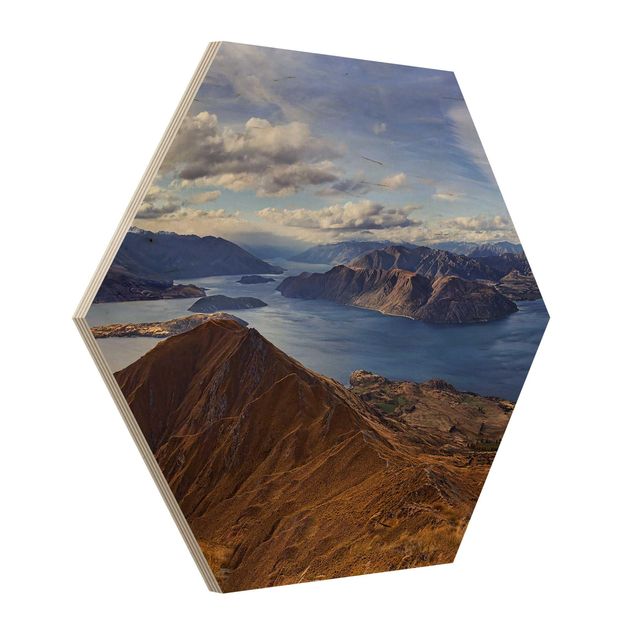 Obraz heksagonalny z drewna - Roys Peak w Nowej Zelandii