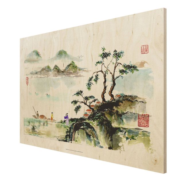 Obrazy drewniane Japońska akwarela do rysowania jeziora i gór