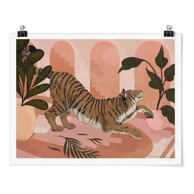 Obrazy ze zwierzętami Ilustracja tygrysa w pastelowym różowym malarstwie
