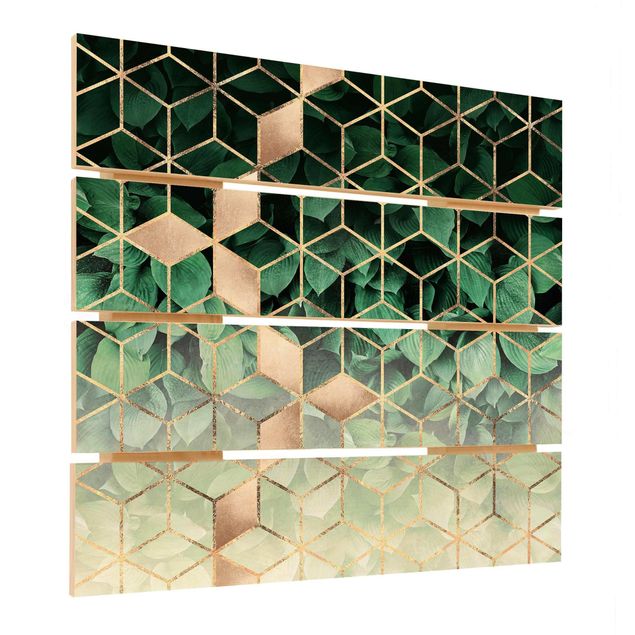 Obraz z drewna - Zielone liście złota geometria