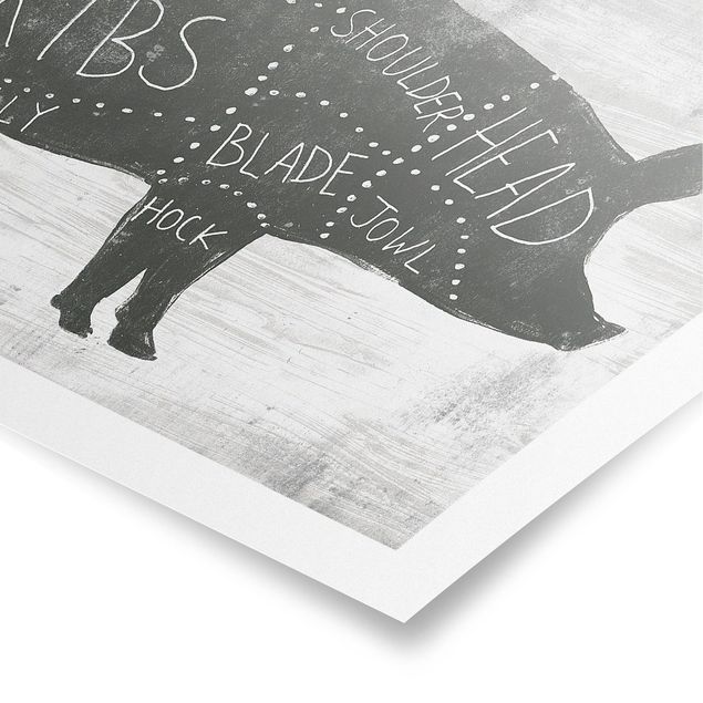 Plakaty czarno białe Tablica ekspozycyjna rzeźnika - świnia