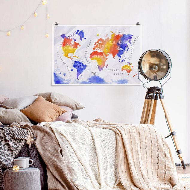 Nowoczesne obrazy do salonu Mapa świata akwarela fioletowy czerwony żółty