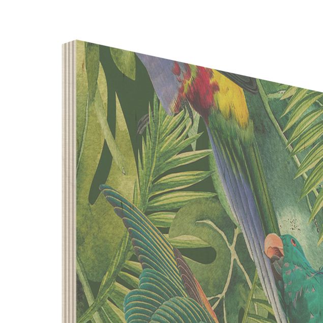 Obraz z drewna - Kolorowy kolaż - Papugi w dżungli
