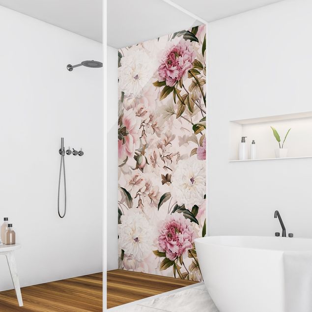 Panele ścienne do łazienki pod prysznic Illustrated Peonies In Light Pink