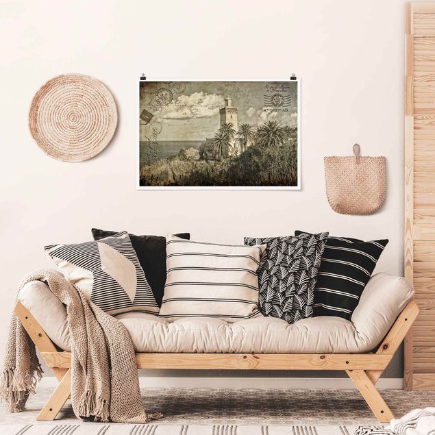 Nowoczesne obrazy do salonu Latarnia morska i palmy - pocztówka w stylu vintage