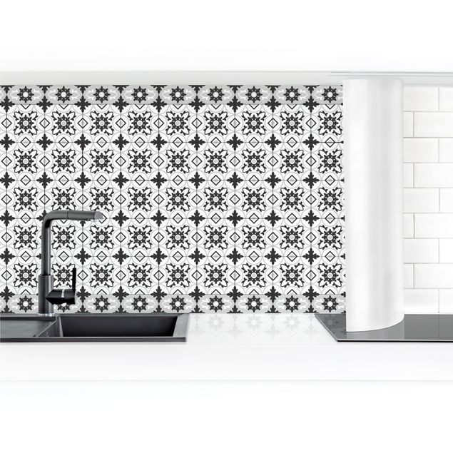 Panel ścienny do kuchni - Płytka geometryczna Mix Flower Black