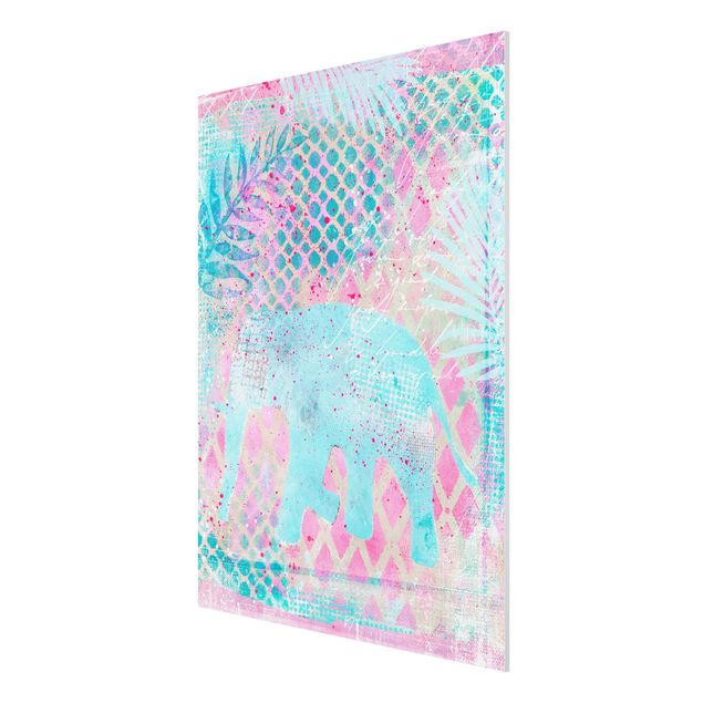 Obrazy nowoczesny Kolorowy kolaż - słoń w kolorze niebieskim i różowym