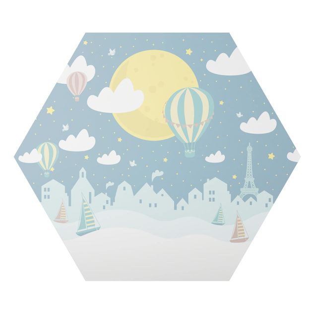 Obraz heksagonalny z Alu-Dibond - Paryż z gwiazdami i balonem na ogrzane powietrze