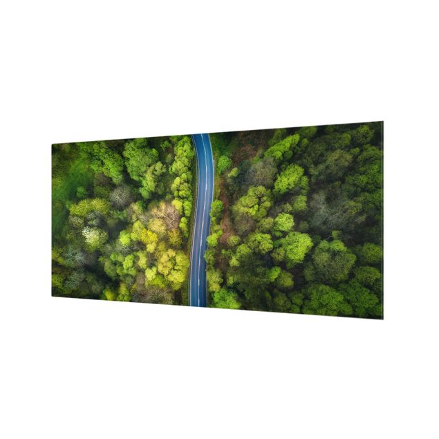 Panel szklany do kuchni - Zdjęcie lotnicze - Droga asfaltowa w lesie
