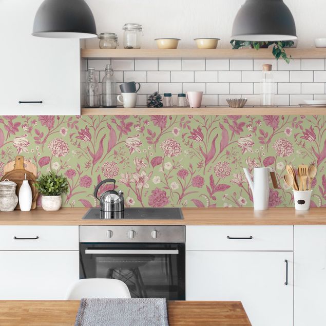 Panel ścienny do kuchni - Taniec kwiatów w pastelowej miętowej zieleni i różu