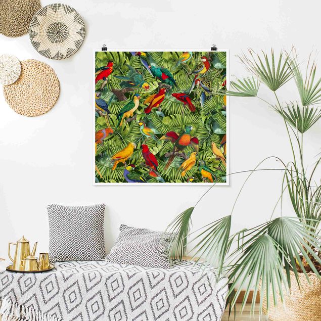Obrazy do salonu Kolorowy kolaż - Papugi w dżungli