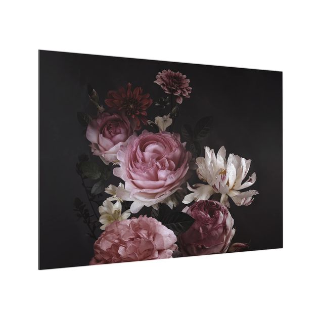 Panel szklany do kuchni - Różowe kwiaty na czarnym tle