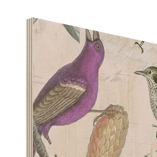 Obraz z drewna - Kolaż w stylu vintage - Nostalgiczne ptaki