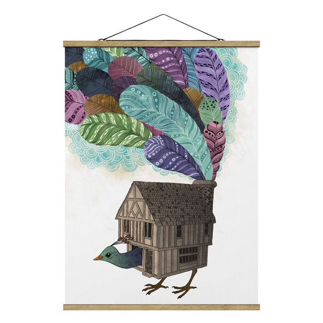 Obrazy ze zwierzętami Ilustracja domku dla ptaków z piórami