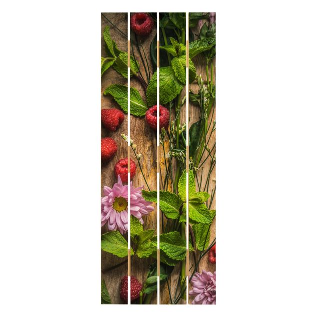 Obraz z drewna - Kwiaty Maliny Mięta