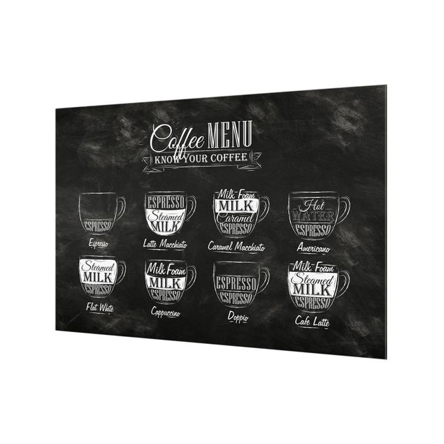 Panel szklany do kuchni - Tablica kredowa z odmianami kawy