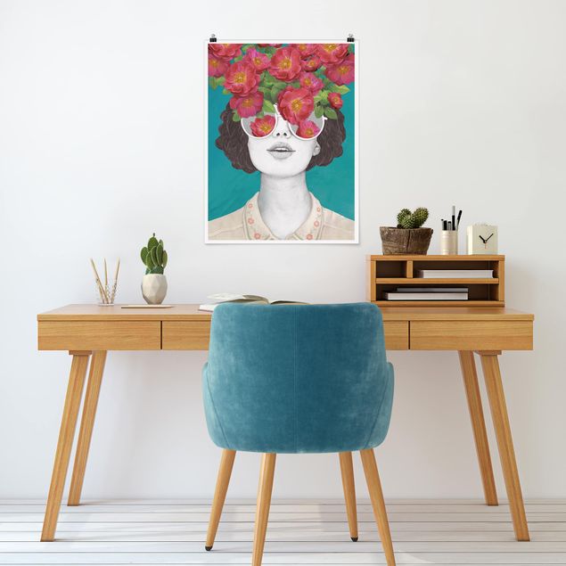 Obrazy nowoczesny Ilustracja portret kobiety Kolaż z kwiatami Okulary
