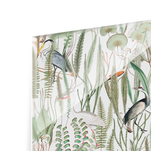 Panel szklany do kuchni - Flamingi i bociany z roślinami