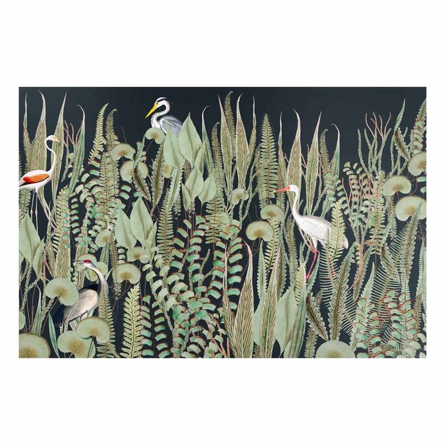 Obrazy do salonu nowoczesne Flamingo i bocian z roślinami na zielonym tle