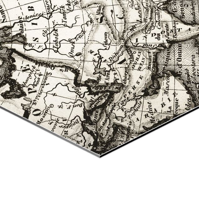 Obraz heksagonalny z Alu-Dibond 3-częściowy - Szczegóły starej mapy świata