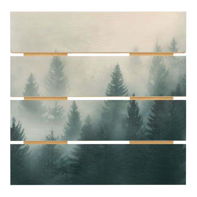 Obraz z drewna - Las iglasty we mgle